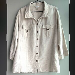 CJ BANKS tan linen blend 3/4 sleeve button up blouse